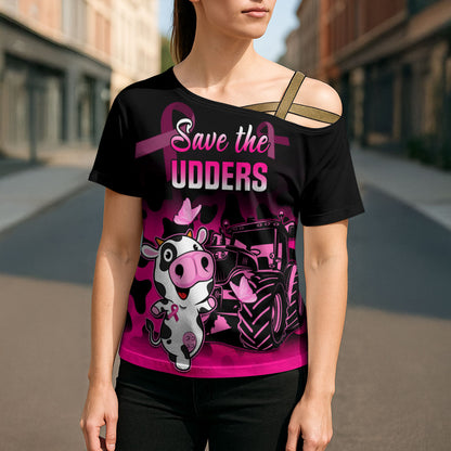 Personalised Save The Udders Cross Shoulder Shirt Farmer Day Breast Cancer Support