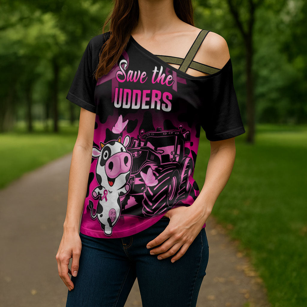 Personalised Save The Udders Cross Shoulder Shirt Farmer Day Breast Cancer Support