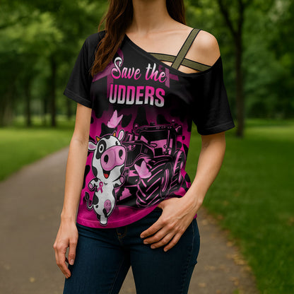 Personalised Save The Udders Cross Shoulder Shirt Farmer Day Breast Cancer Support