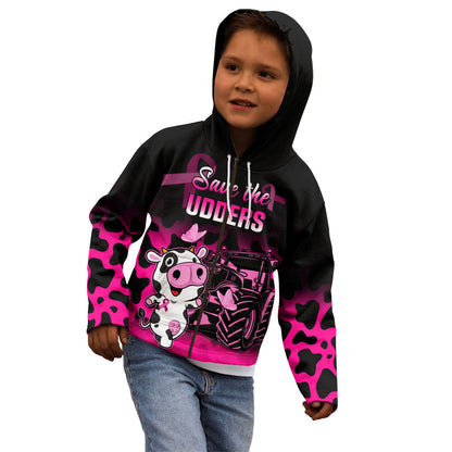 Personalised Save The Udders Kid Hoodie Farmer Day Breast Cancer Support