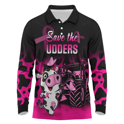 Personalised Save The Udders Long Sleeve Polo Shirt Farmer Day Breast Cancer Support