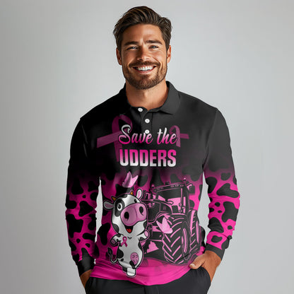 Personalised Save The Udders Long Sleeve Polo Shirt Farmer Day Breast Cancer Support
