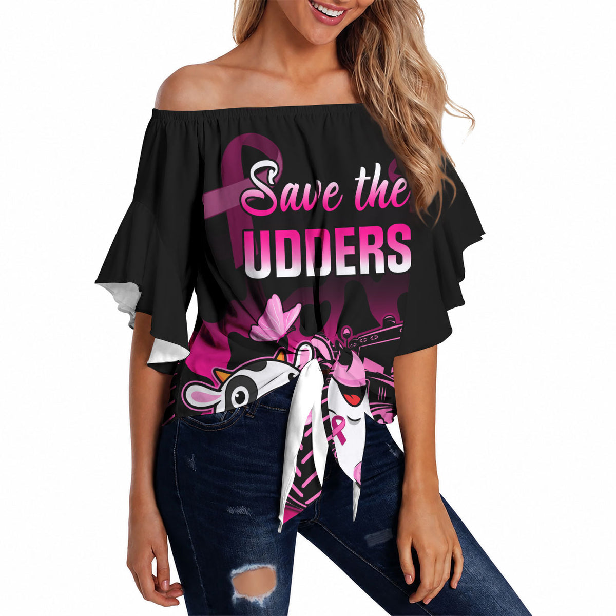 Personalised Save The Udders Off Shoulder Wrap Waist Top Farmer Day Breast Cancer Support