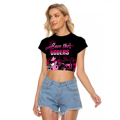 Personalised Save The Udders Raglan Cropped T Shirt Farmer Day Breast Cancer Support