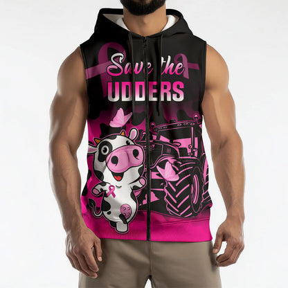 Personalised Save The Udders Sleeveless Zip Hoodie Farmer Day Breast Cancer Support