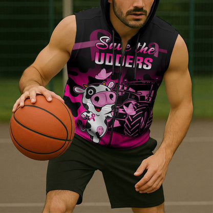 Personalised Save The Udders Sleeveless Zip Hoodie Farmer Day Breast Cancer Support