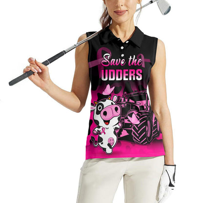 Personalised Save The Udders Women Sleeveless Polo Shirt Farmer Day Breast Cancer Support