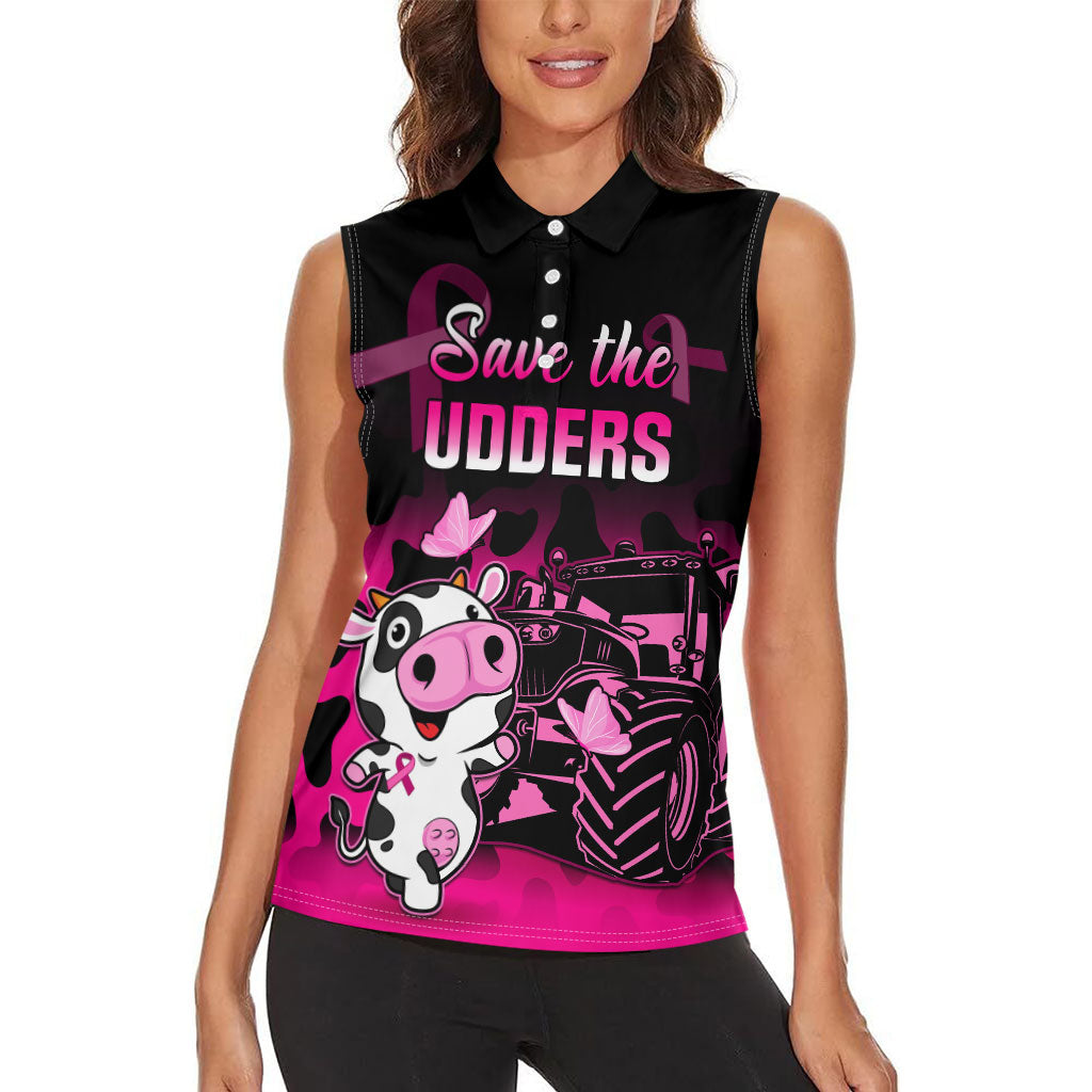 Personalised Save The Udders Women Sleeveless Polo Shirt Farmer Day Breast Cancer Support