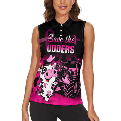 Personalised Save The Udders Women Sleeveless Polo Shirt Farmer Day Breast Cancer Support