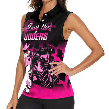Personalised Save The Udders Women Sleeveless Polo Shirt Farmer Day Breast Cancer Support