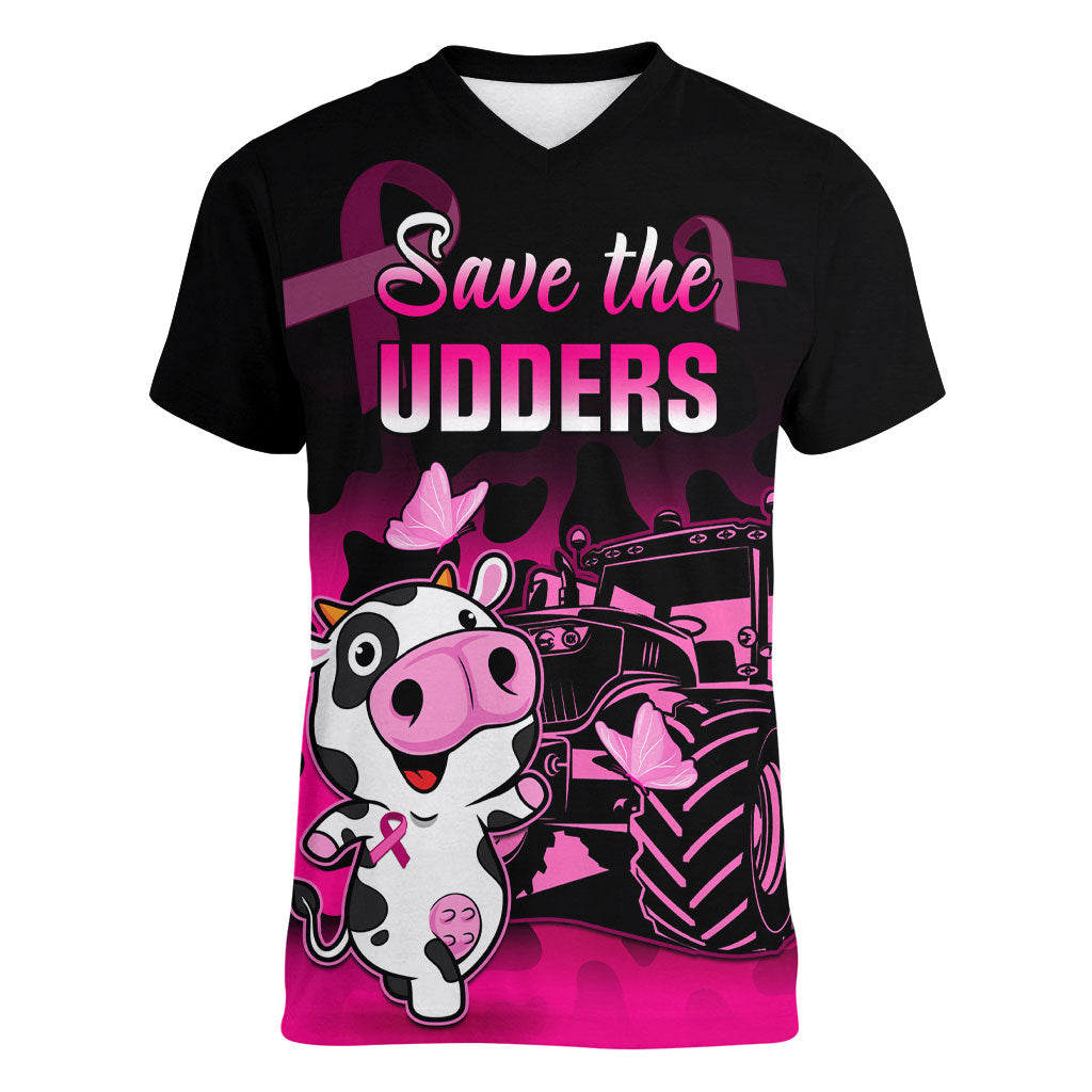 Personalised Save The Udders Women V-Neck T-Shirt Farmer Day Breast Cancer Support