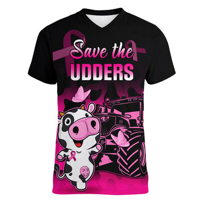 Personalised Save The Udders Women V-Neck T-Shirt Farmer Day Breast Cancer Support