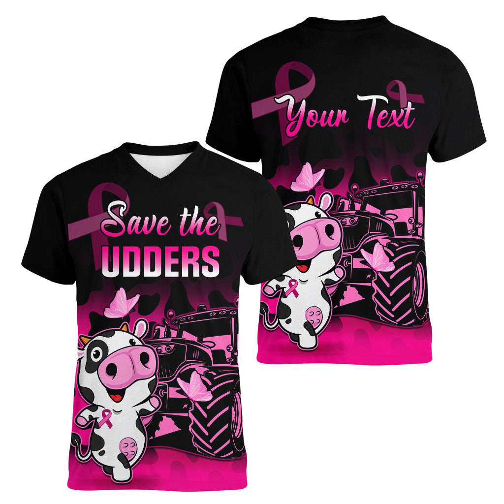 Personalised Save The Udders Women V-Neck T-Shirt Farmer Day Breast Cancer Support