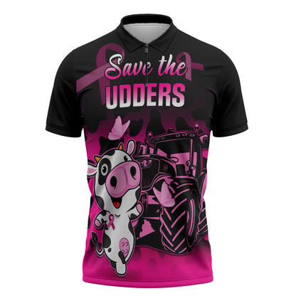 Personalised Save The Udders Zipper Polo Shirt Farmer Day Breast Cancer Support