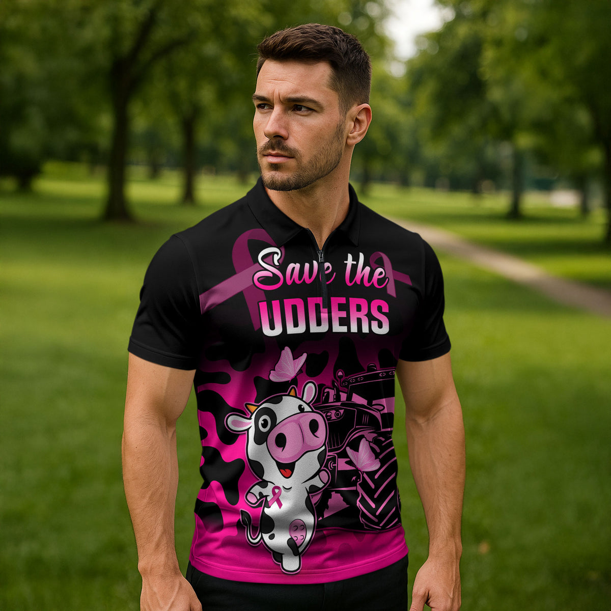 Personalised Save The Udders Zipper Polo Shirt Farmer Day Breast Cancer Support