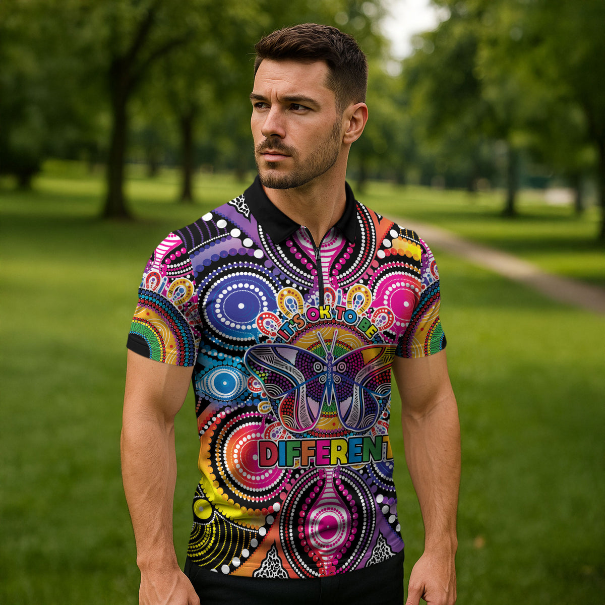 Australia Indigenous Autism Support Zipper Polo Shirt Its Okay To Be Different