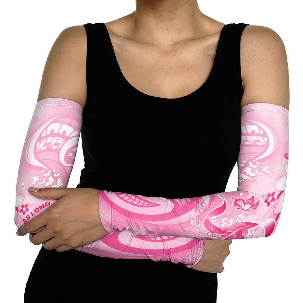 Personalised Memorial Pink Breast Cancer Support Arm Sleeves Plumeria Floral Tribal Pattern