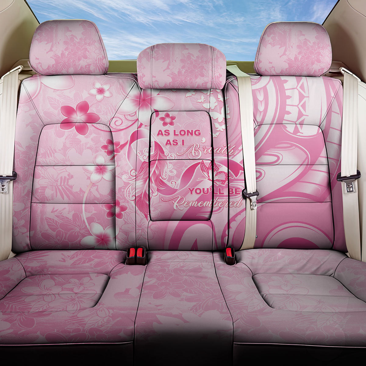 Memorial Pink Breast Cancer Support Back Car Seat Cover Plumeria Floral Tribal Pattern