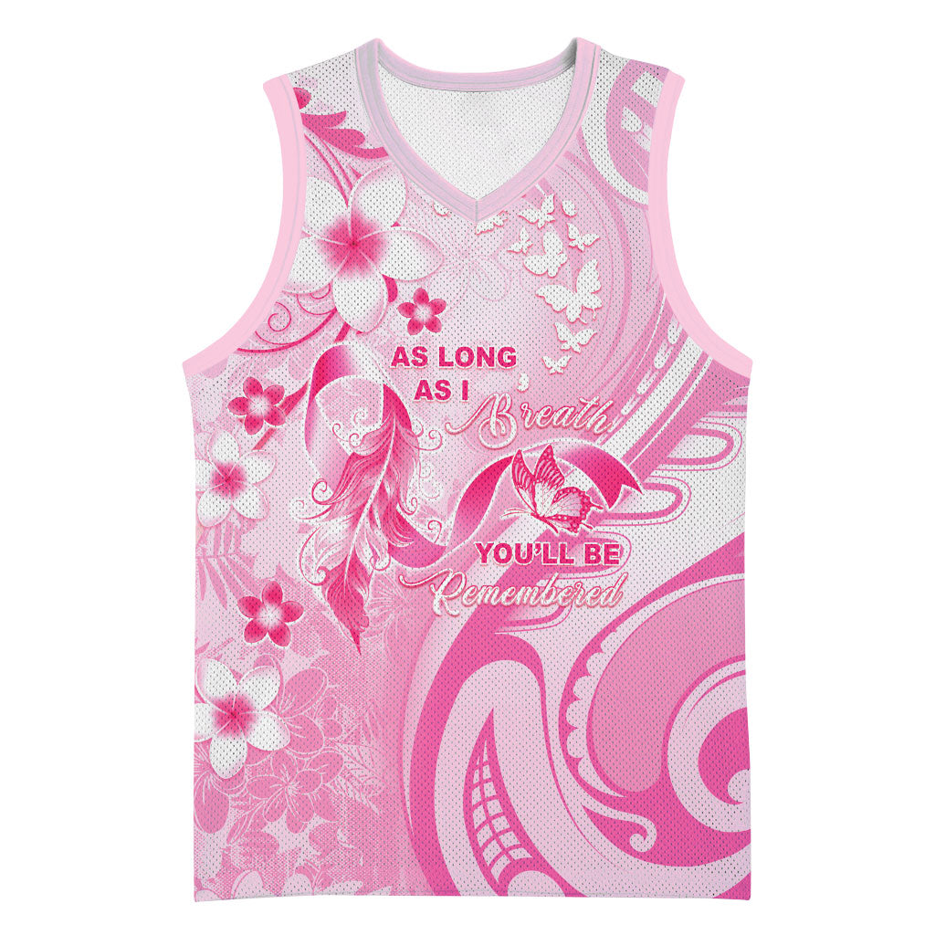 Personalised Memorial Pink Breast Cancer Support Basketball Jersey Plumeria Floral Tribal Pattern