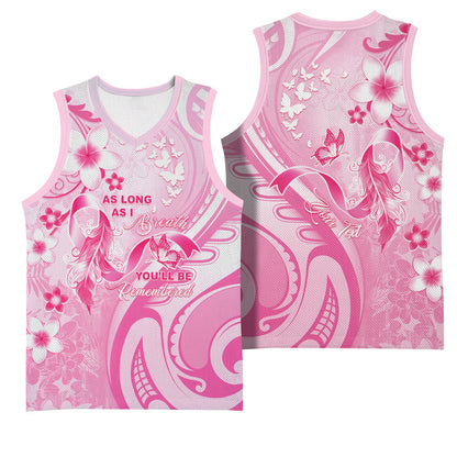 Personalised Memorial Pink Breast Cancer Support Basketball Jersey Plumeria Floral Tribal Pattern