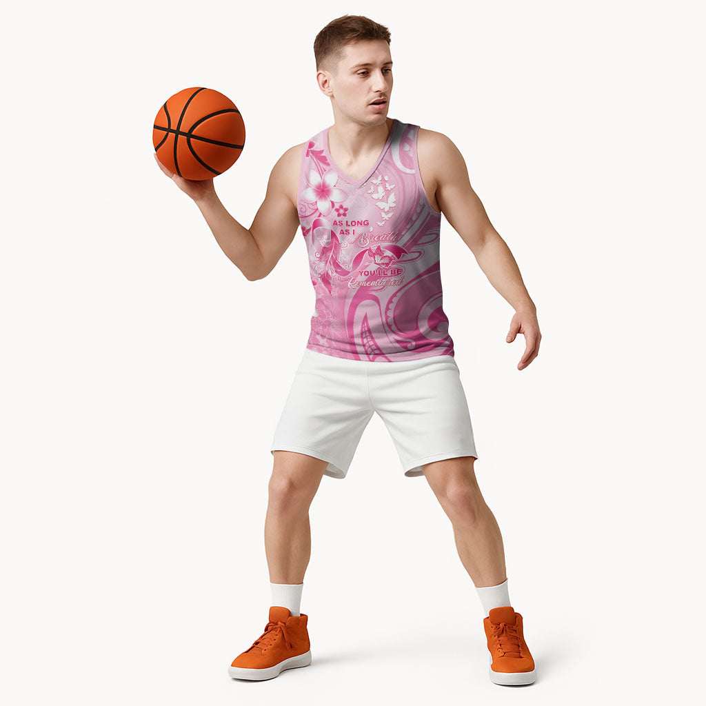 Personalised Memorial Pink Breast Cancer Support Basketball Jersey Plumeria Floral Tribal Pattern