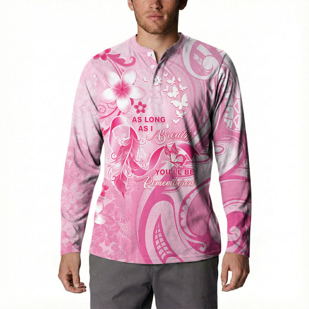 Personalised Memorial Pink Breast Cancer Support Button Sweatshirt Plumeria Floral Tribal Pattern
