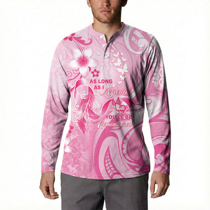 Personalised Memorial Pink Breast Cancer Support Button Sweatshirt Plumeria Floral Tribal Pattern