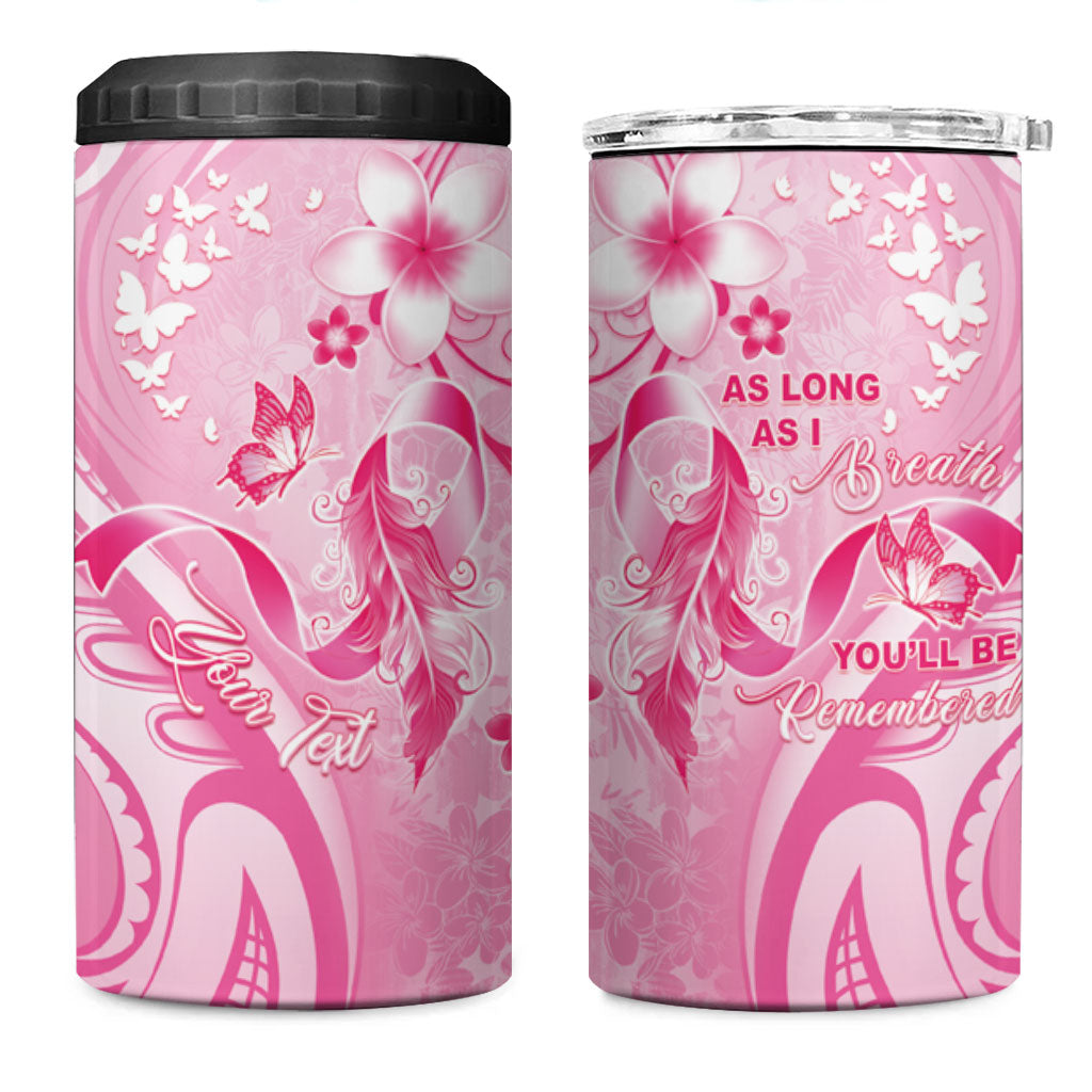 Personalised Memorial Pink Breast Cancer Support 4 in 1 Can Cooler Tumbler Plumeria Floral Tribal Pattern