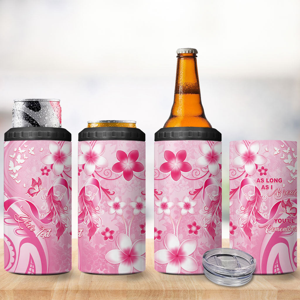 Personalised Memorial Pink Breast Cancer Support 4 in 1 Can Cooler Tumbler Plumeria Floral Tribal Pattern