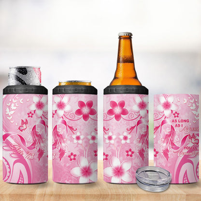 Personalised Memorial Pink Breast Cancer Support 4 in 1 Can Cooler Tumbler Plumeria Floral Tribal Pattern