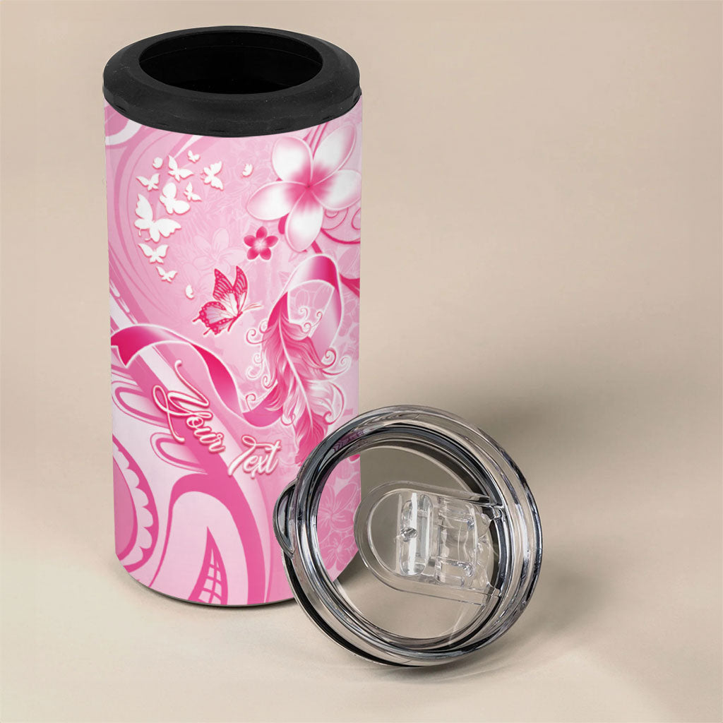 Personalised Memorial Pink Breast Cancer Support 4 in 1 Can Cooler Tumbler Plumeria Floral Tribal Pattern