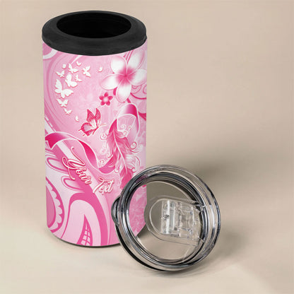 Personalised Memorial Pink Breast Cancer Support 4 in 1 Can Cooler Tumbler Plumeria Floral Tribal Pattern
