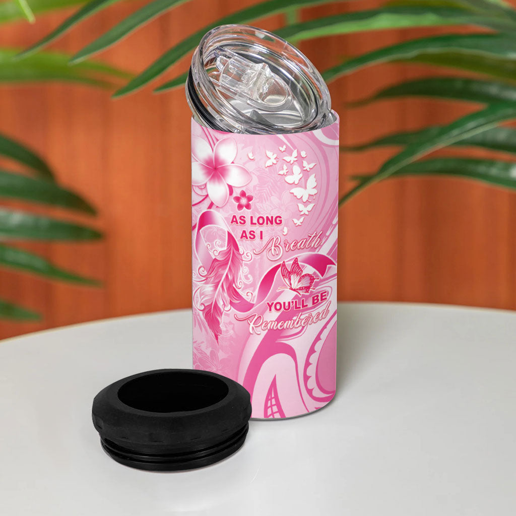 Personalised Memorial Pink Breast Cancer Support 4 in 1 Can Cooler Tumbler Plumeria Floral Tribal Pattern