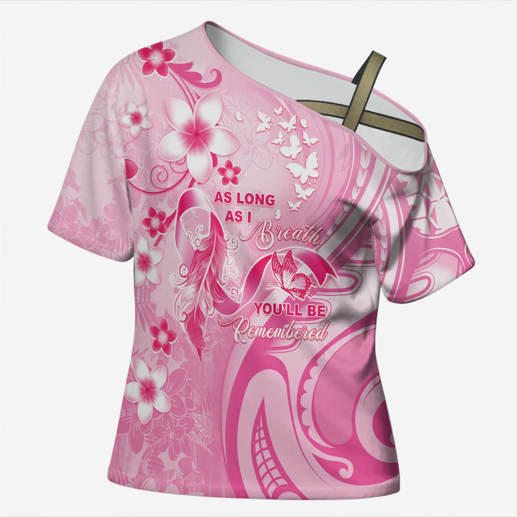 Personalised Memorial Pink Breast Cancer Support Cross Shoulder Shirt Plumeria Floral Tribal Pattern