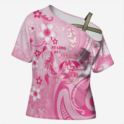 Personalised Memorial Pink Breast Cancer Support Cross Shoulder Shirt Plumeria Floral Tribal Pattern