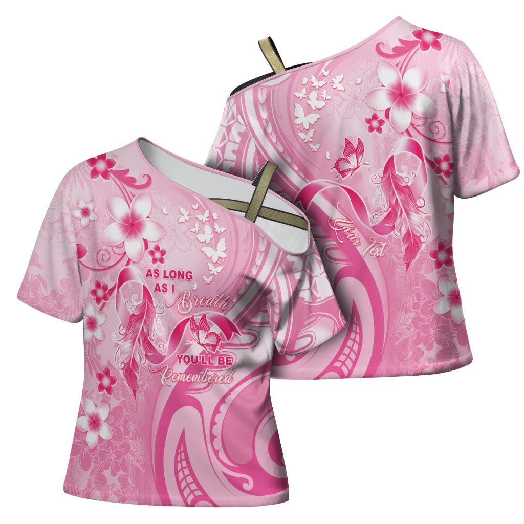Personalised Memorial Pink Breast Cancer Support Cross Shoulder Shirt Plumeria Floral Tribal Pattern