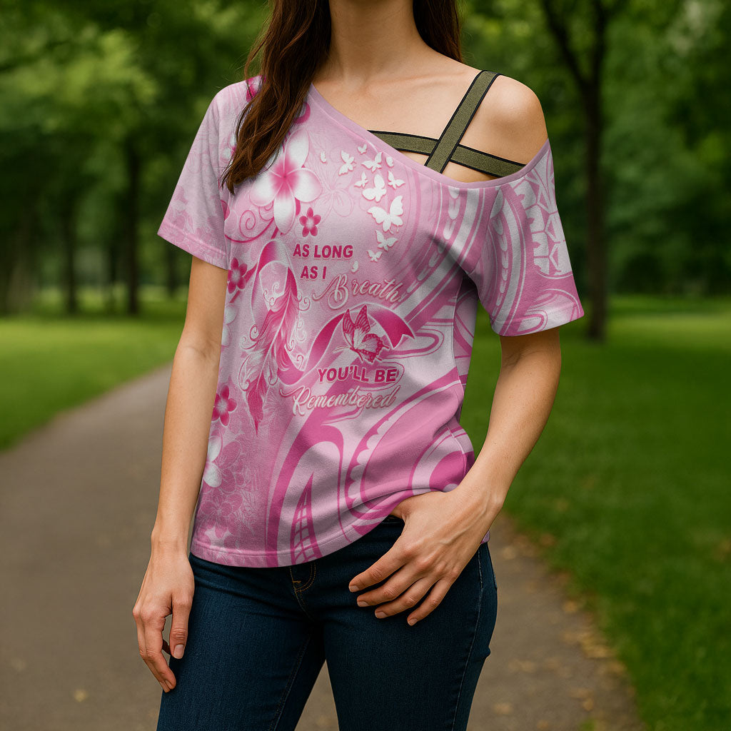 Personalised Memorial Pink Breast Cancer Support Cross Shoulder Shirt Plumeria Floral Tribal Pattern