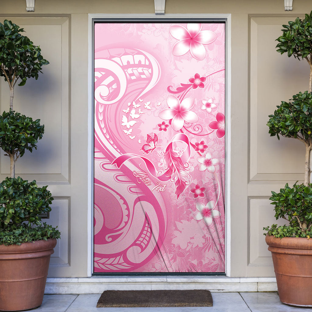Personalised Memorial Pink Breast Cancer Support Door Cover Plumeria Floral Tribal Pattern