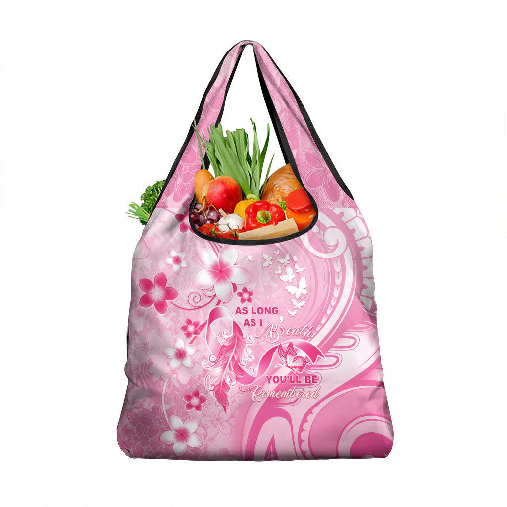 Memorial Pink Breast Cancer Support Grocery Bag Plumeria Floral Tribal Pattern