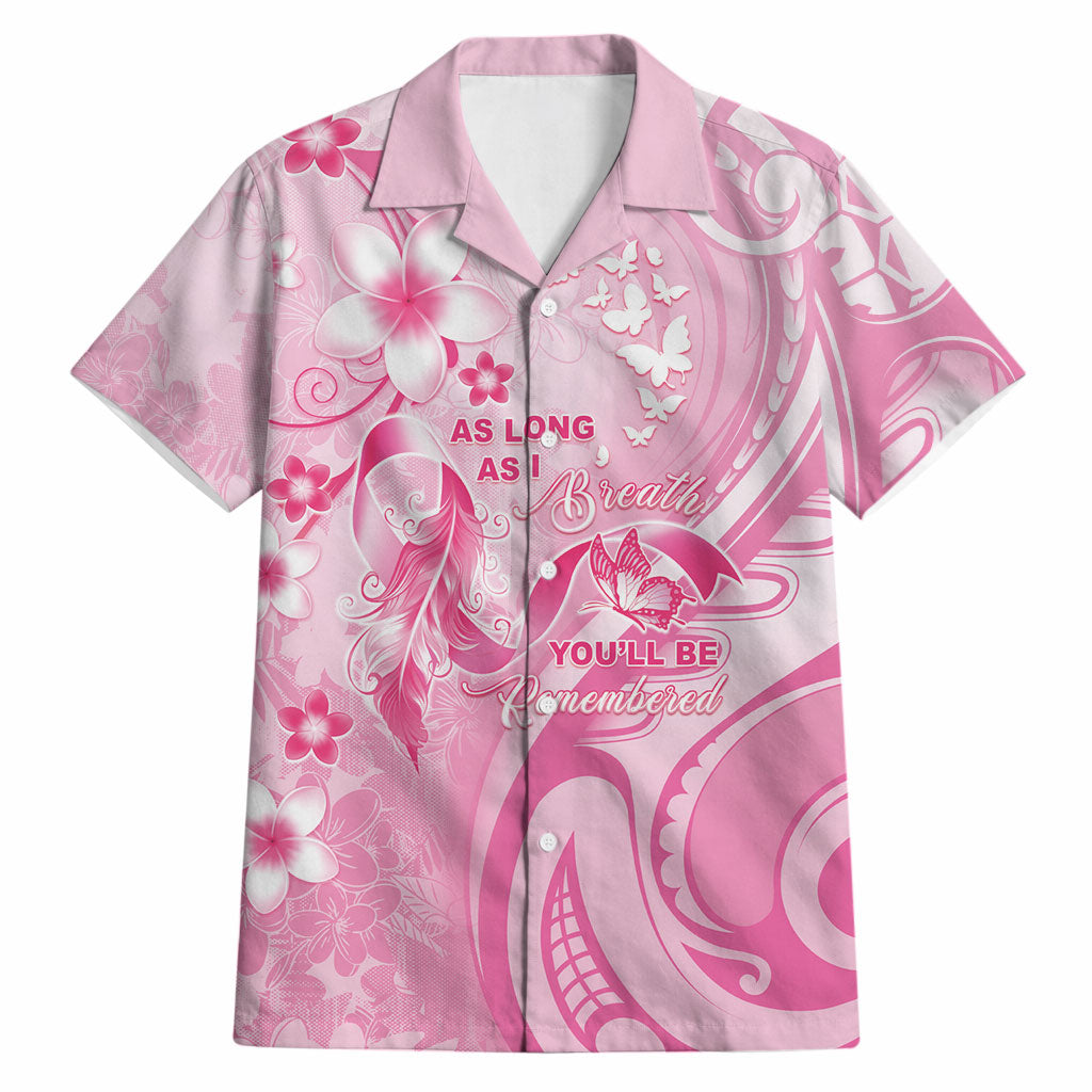 Personalised Memorial Pink Breast Cancer Support Hawaiian Shirt Plumeria Floral Tribal Pattern