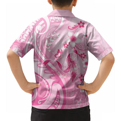 Personalised Memorial Pink Breast Cancer Support Hawaiian Shirt Plumeria Floral Tribal Pattern