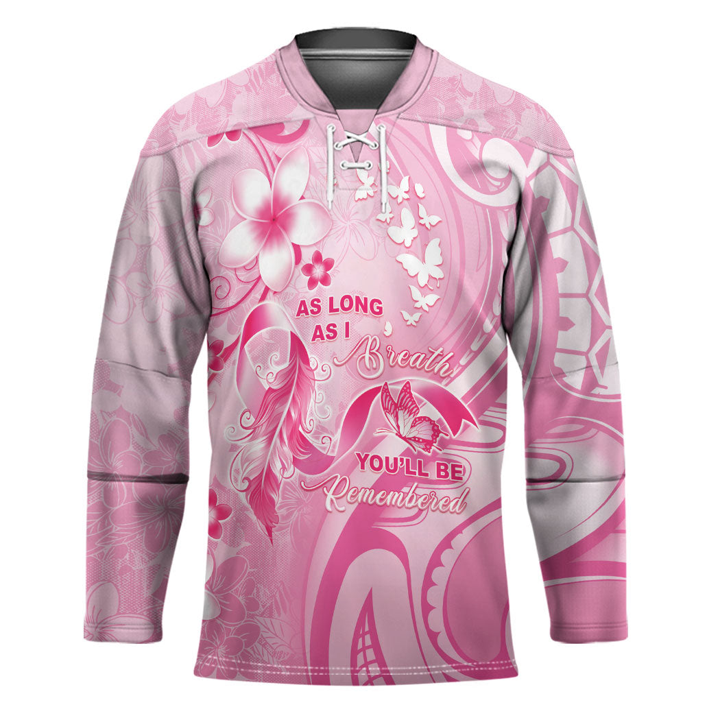 Personalised Memorial Pink Breast Cancer Support Hockey Jersey Plumeria Floral Tribal Pattern