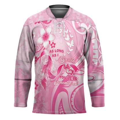 Personalised Memorial Pink Breast Cancer Support Hockey Jersey Plumeria Floral Tribal Pattern