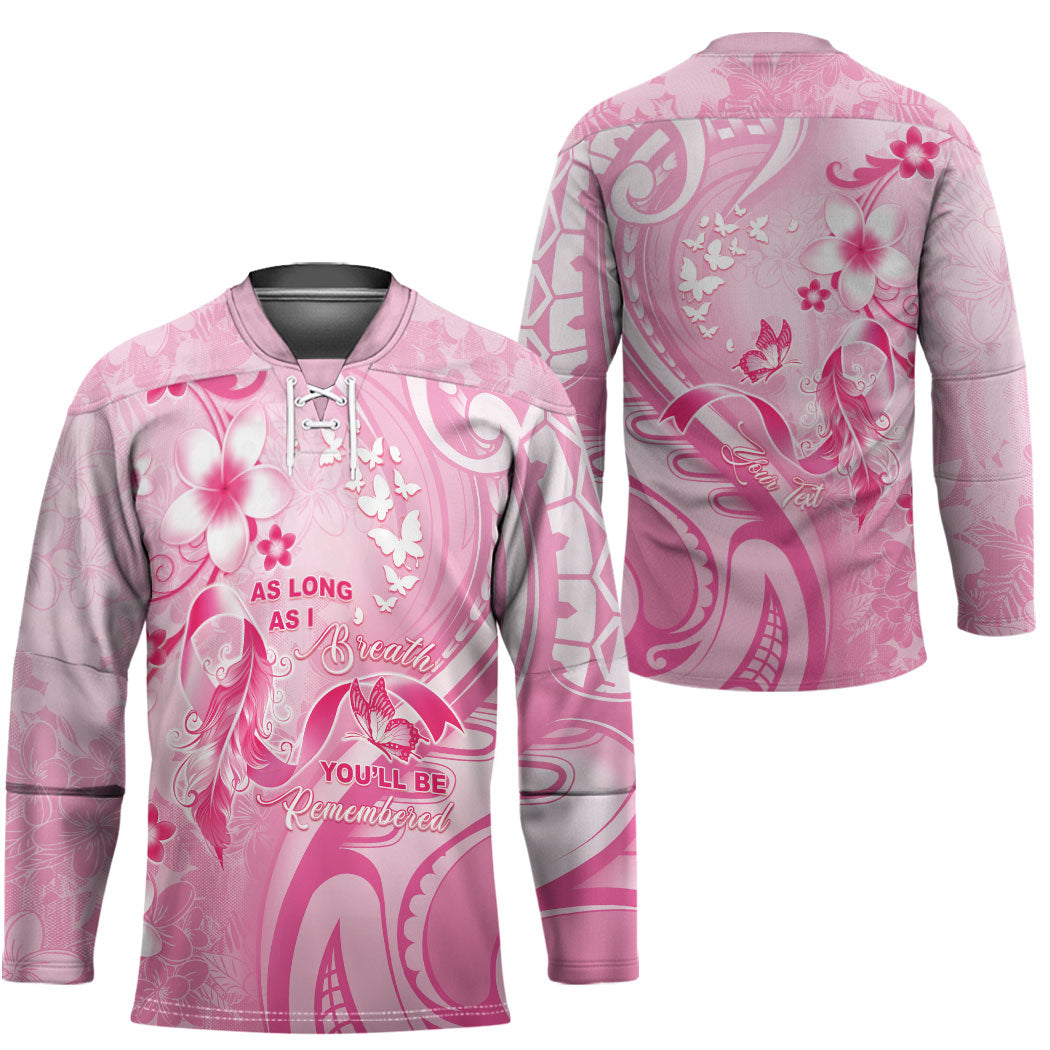 Personalised Memorial Pink Breast Cancer Support Hockey Jersey Plumeria Floral Tribal Pattern