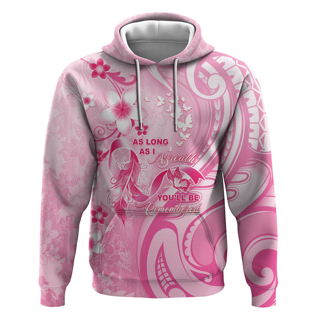 Personalised Memorial Pink Breast Cancer Support Hoodie Plumeria Floral Tribal Pattern