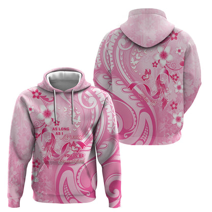 Personalised Memorial Pink Breast Cancer Support Hoodie Plumeria Floral Tribal Pattern