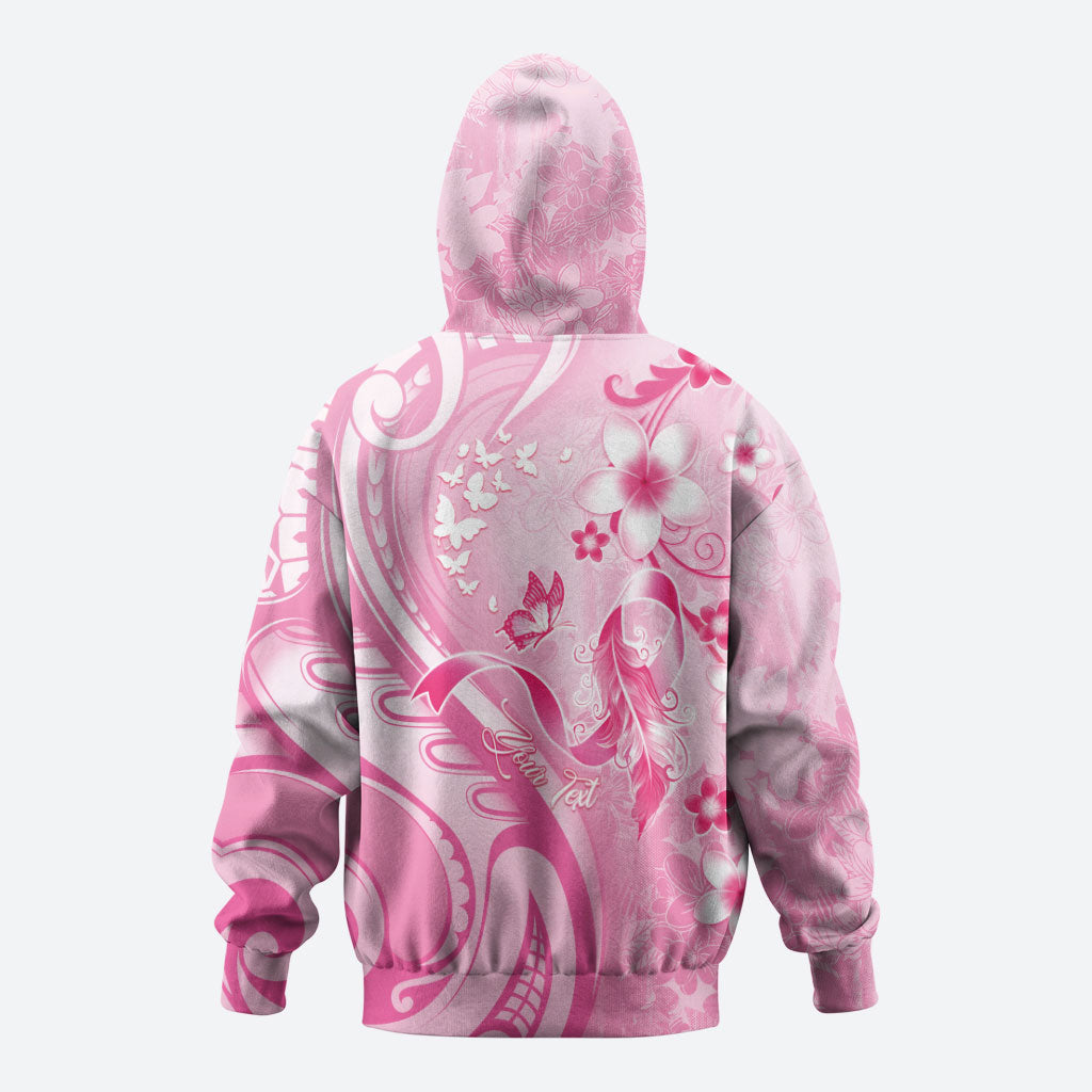 Personalised Memorial Pink Breast Cancer Support Hoodie Plumeria Floral Tribal Pattern