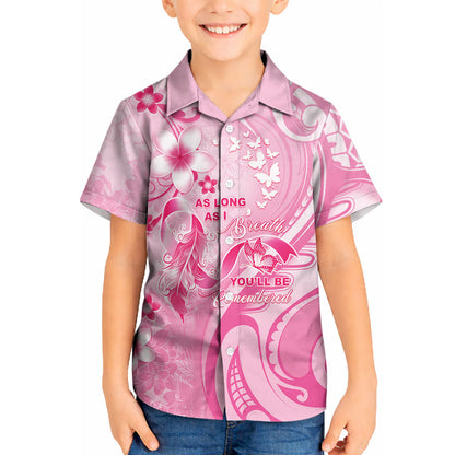 Personalised Memorial Pink Breast Cancer Support Kid Hawaiian Shirt Plumeria Floral Tribal Pattern