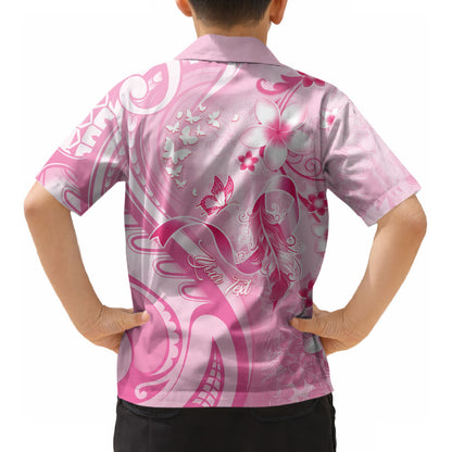 Personalised Memorial Pink Breast Cancer Support Kid Hawaiian Shirt Plumeria Floral Tribal Pattern