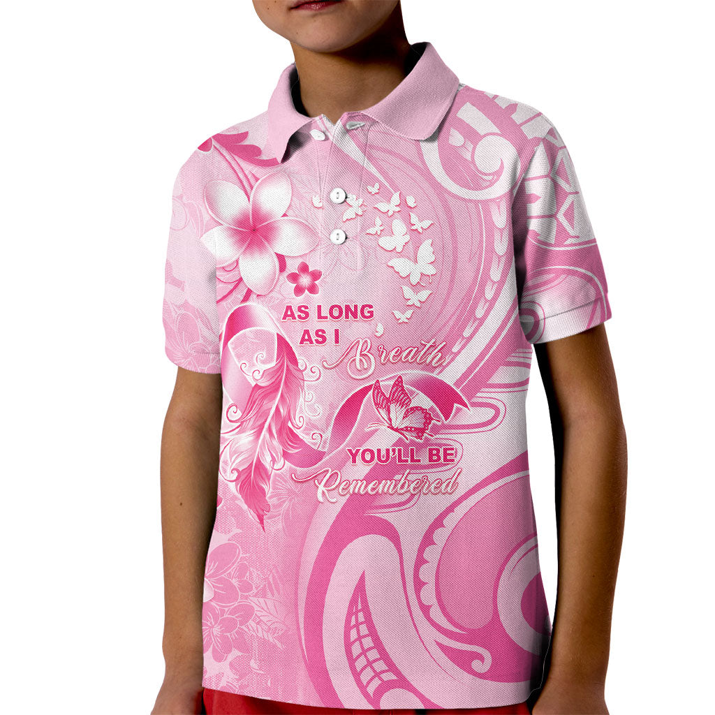 Personalised Memorial Pink Breast Cancer Support Kid Polo Shirt Plumeria Floral Tribal Pattern